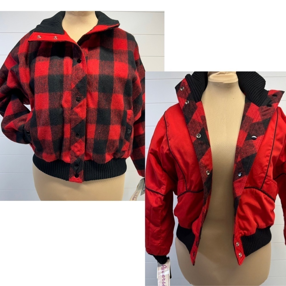 Vintage NWT 80s Red / Black Buffalo Check Reversible Wool Bomber Jacket Sz Med
